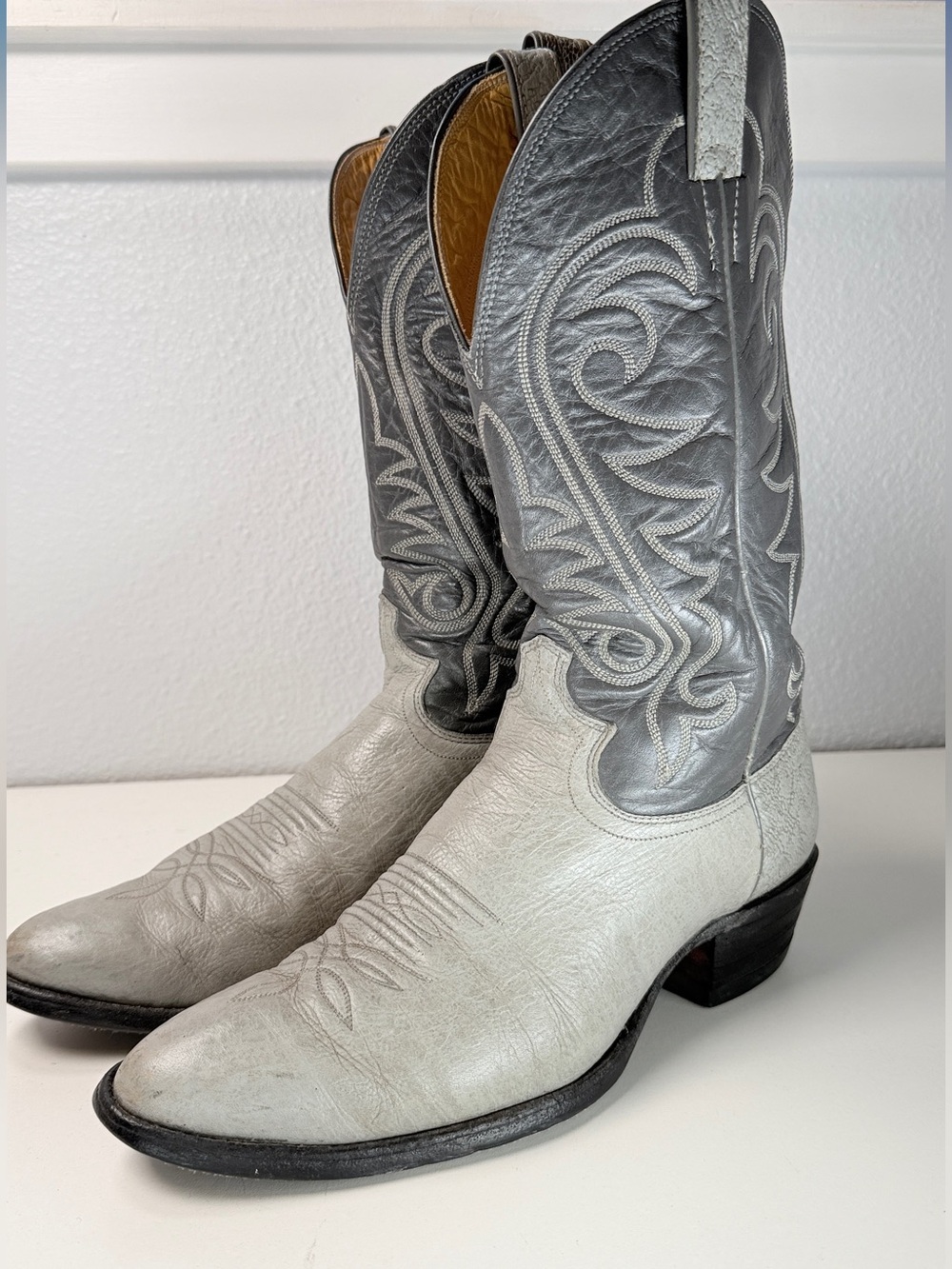 Justin Vintage Gray White Leather Cowboy Western Boots USA Mens 9.5